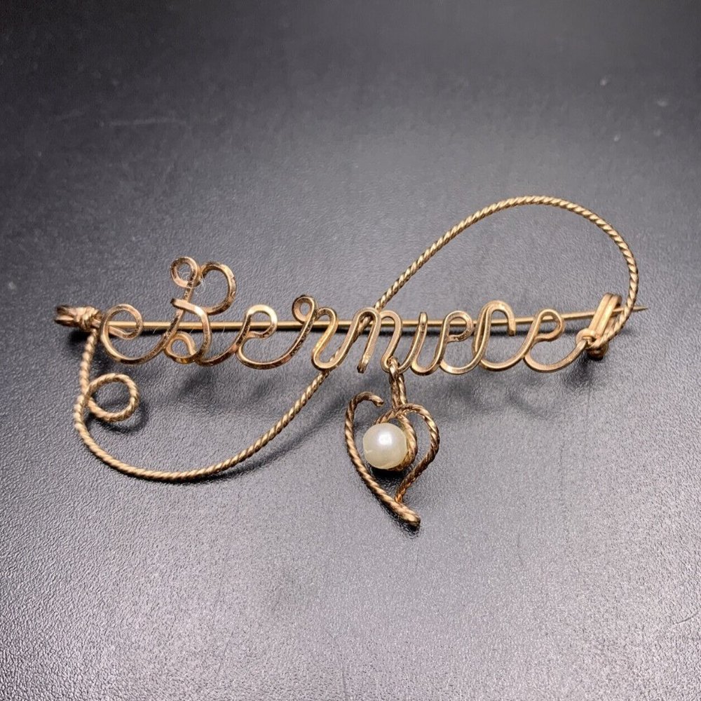 Berniece Name Brooch Wire Gold Tone Dangle Faux Pearl Heart Personalized Vintage